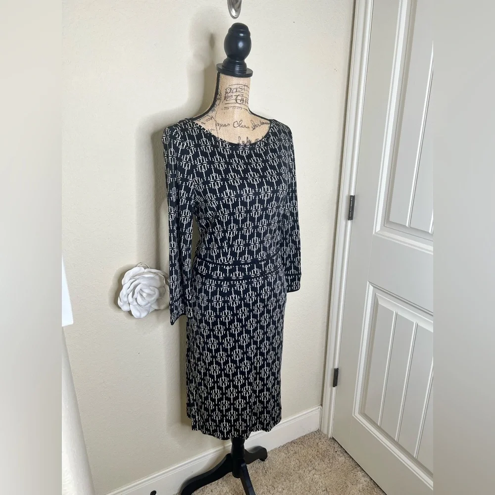 NTM: Tory Burch White Monogram Print Silk Sheath Dress 3/4 Sleeve Size L